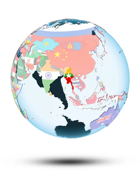 Мьянма Политическом Глобусе Тень Изолирована Белом Фоне Иллюстрация — стоковое фото