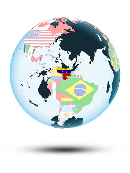 Venezuela on political globe with shadow isolated on white background. 3D illustration.