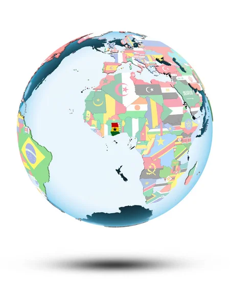 Гана Политическом Глобусе Тенью Изолированы Белом Фоне Иллюстрация — стоковое фото