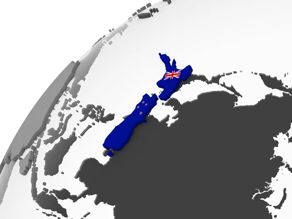 Nowa Zelandia Szary Globus Polityczny Flagą Osadzonych Ilustracja — Zdjęcie stockowe