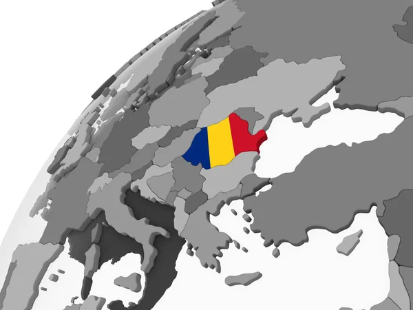 罗马尼亚在灰色政治地球仪与嵌入的旗子 — 图库照片