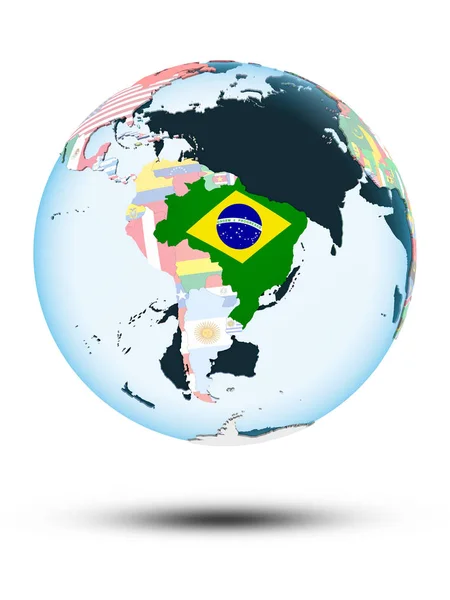 Brezilya Siyasi Globe Izole Beyaz Zemin Üzerine Gölge Ile Çizim — Stok fotoğraf
