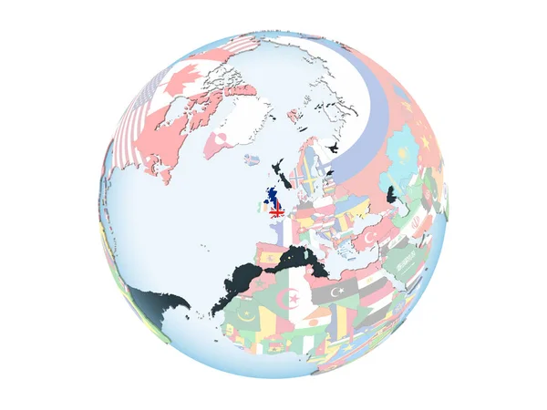Royaume Uni Sur Globe Politique Lumineux Avec Drapeau Intégré Illustration — Photo