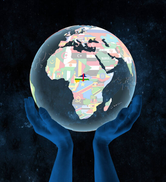 Central Africa on translucent political globe in hands in space. 3D illustration.