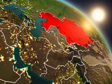 Günbatımı Kazakistan Planet Earth görünür ülke sınırları ile uzaydan yukarıda. 3D çizim. Nasa tarafından döşenmiş bu görüntü unsurları.