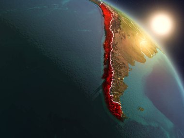 Günbatımı Şili Planet Earth görünür ülke sınırları ile uzaydan yukarıda. 3D çizim. Nasa tarafından döşenmiş bu görüntü unsurları.