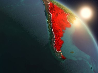 Günbatımı Arjantin Planet Earth görünür ülke sınırları ile uzaydan yukarıda. 3D çizim. Nasa tarafından döşenmiş bu görüntü unsurları.