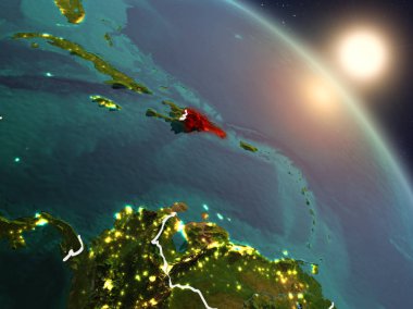 Dominik Cumhuriyeti Planet Earth görünür ülke sınırları ile uzaydan yukarıda gün batımı. 3D çizim. Nasa tarafından döşenmiş bu görüntü unsurları.
