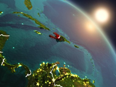Günbatımı Haiti Planet Earth görünür ülke sınırları ile uzaydan yukarıda. 3D çizim. Nasa tarafından döşenmiş bu görüntü unsurları.