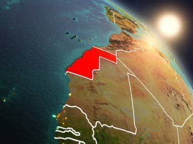 Günbatımı Batı Sahra Planet Earth görünür ülke sınırları ile uzaydan yukarıda. 3D çizim. Nasa tarafından döşenmiş bu görüntü unsurları.