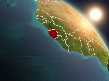 Sierra Leone Planet Earth görünür ülke sınırları ile uzaydan yukarıda gün batımı. 3D çizim. Nasa tarafından döşenmiş bu görüntü unsurları.