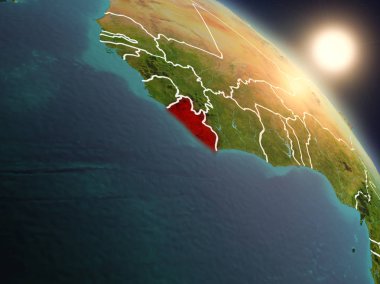 Günbatımı Liberya Planet Earth görünür ülke sınırları ile uzaydan yukarıda. 3D çizim. Nasa tarafından döşenmiş bu görüntü unsurları.