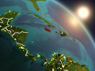Günbatımı Jamaika Planet Earth görünür ülke sınırları ile uzaydan yukarıda. 3D çizim. Nasa tarafından döşenmiş bu görüntü unsurları.