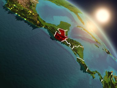 Günbatımı Guatemala Planet Earth görünür ülke sınırları ile uzaydan yukarıda. 3D çizim. Nasa tarafından döşenmiş bu görüntü unsurları.