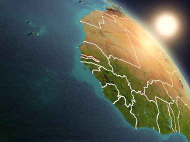 Günbatımı Gambiya Planet Earth görünür ülke sınırları ile uzaydan yukarıda. 3D çizim. Nasa tarafından döşenmiş bu görüntü unsurları.