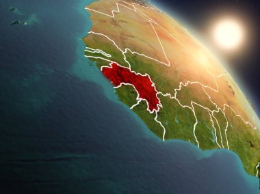 Günbatımı Gine Planet Earth görünür ülke sınırları ile uzaydan yukarıda. 3D çizim. Nasa tarafından döşenmiş bu görüntü unsurları.