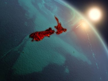 Yeni Zelanda Planet Earth görünür ülke sınırları ile uzaydan yukarıda gün batımı. 3D çizim. Nasa tarafından döşenmiş bu görüntü unsurları.