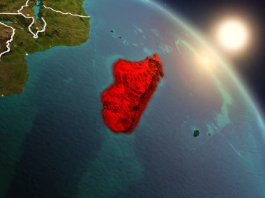 Günbatımı Madagaskar Planet Earth görünür ülke sınırları ile uzaydan yukarıda. 3D çizim. Nasa tarafından döşenmiş bu görüntü unsurları.