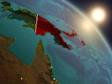 Papua Yeni Gine Planet Earth görünür ülke sınırları ile uzaydan yukarıda gün batımı. 3D çizim. Nasa tarafından döşenmiş bu görüntü unsurları.