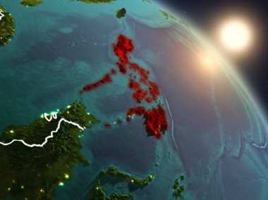 Günbatımı Planet Earth görünür ülke sınırları ile uzaydan Türkiye yukarıda. 3D çizim. Nasa tarafından döşenmiş bu görüntü unsurları.