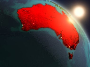 Günbatımı Avustralya Planet Earth görünür ülke sınırları ile uzaydan yukarıda. 3D çizim. Nasa tarafından döşenmiş bu görüntü unsurları.
