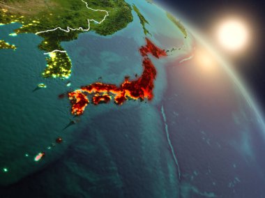 Günbatımı Planet Earth görünür ülke sınırları ile uzaydan Japonya yukarıda. 3D çizim. Nasa tarafından döşenmiş bu görüntü unsurları.