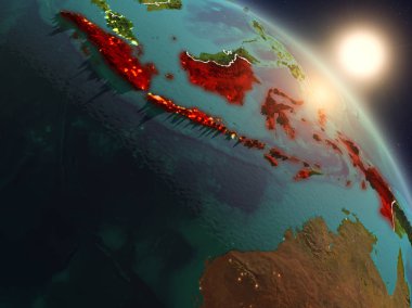 Günbatımı Endonezya Planet Earth görünür ülke sınırları ile uzaydan yukarıda. 3D çizim. Nasa tarafından döşenmiş bu görüntü unsurları.