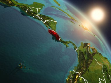 Günbatımı Kosta Rika Planet Earth görünür ülke sınırları ile uzaydan yukarıda. 3D çizim. Nasa tarafından döşenmiş bu görüntü unsurları.