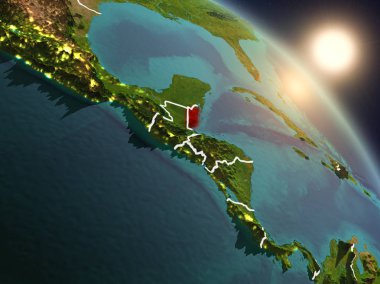 Günbatımı Belize Planet Earth görünür ülke sınırları ile uzaydan yukarıda. 3D çizim. Nasa tarafından döşenmiş bu görüntü unsurları.