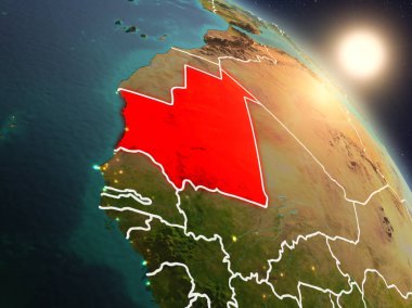 Günbatımı Moritanya Planet Earth görünür ülke sınırları ile uzaydan yukarıda. 3D çizim. Nasa tarafından döşenmiş bu görüntü unsurları.