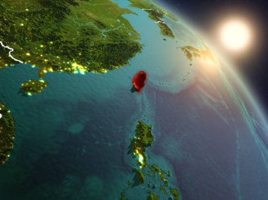 Günbatımı Tayvan Planet Earth görünür ülke sınırları ile uzaydan yukarıda. 3D çizim. Nasa tarafından döşenmiş bu görüntü unsurları.