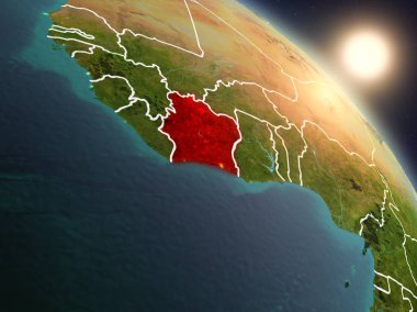 Fildişi Sahili Planet Earth görünür ülke sınırları ile uzaydan yukarıda gün batımı. 3D çizim. Nasa tarafından döşenmiş bu görüntü unsurları.