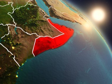 Günbatımı Somali Planet Earth görünür ülke sınırları ile uzaydan yukarıda. 3D çizim. Nasa tarafından döşenmiş bu görüntü unsurları.