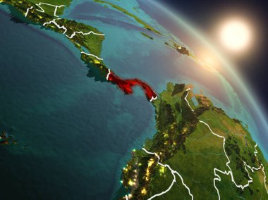 Günbatımı Panama Planet Earth görünür ülke sınırları ile uzaydan yukarıda. 3D çizim. Nasa tarafından döşenmiş bu görüntü unsurları.