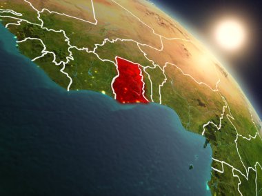 Günbatımı Gana Planet Earth görünür ülke sınırları ile uzaydan yukarıda. 3D çizim. Nasa tarafından döşenmiş bu görüntü unsurları.