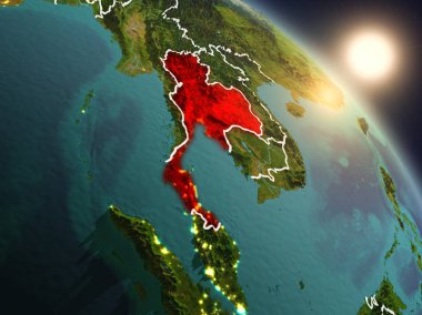 Günbatımı Tayland Planet Earth görünür ülke sınırları ile uzaydan yukarıda. 3D çizim. Nasa tarafından döşenmiş bu görüntü unsurları.
