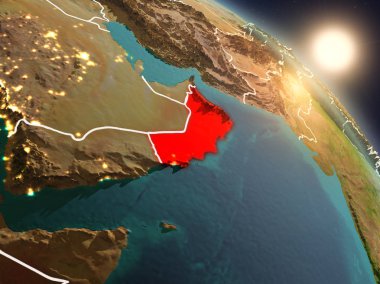 Günbatımı Umman Planet Earth görünür ülke sınırları ile uzaydan yukarıda. 3D çizim. Nasa tarafından döşenmiş bu görüntü unsurları.
