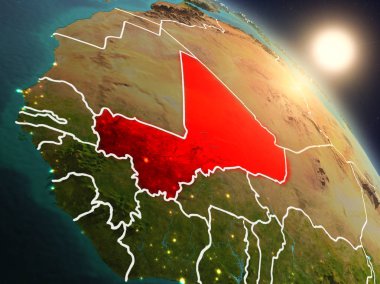 Günbatımı Mali Planet Earth görünür ülke sınırları ile uzaydan yukarıda. 3D çizim. Nasa tarafından döşenmiş bu görüntü unsurları.