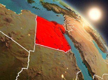 Günbatımı Mısır Planet Earth görünür ülke sınırları ile uzaydan yukarıda. 3D çizim. Nasa tarafından döşenmiş bu görüntü unsurları.