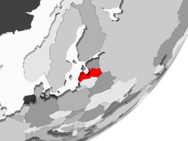 Şeffaf okyanuslar ile gri küre kırmızı vurgulanır Letonya Illustration. 3D çizim.