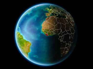 Liberya görünür kenarlık çizgisi ve şehir ışıkları ile son derece detaylı yüzey dokuları ile gece Dünya gezegeninin yörüngeden. 3D çizim. Nasa tarafından döşenmiş bu görüntü unsurları.