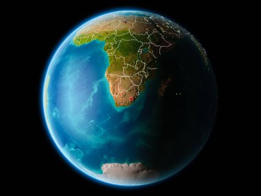 Lesotho Dünya gezegeninin son derece detaylı yüzey dokuları görünür kenarlık çizgileri ve şehir ışıkları ile gece yörüngeden. 3D çizim. Nasa tarafından döşenmiş bu görüntü unsurları.
