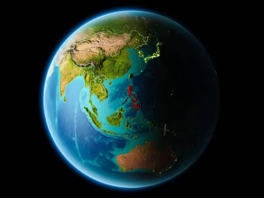 Türkiye son derece detaylı yüzey dokuları görünür kenarlık çizgileri ve şehir ışıkları ile gece Dünya gezegeninin yörüngeden. 3D çizim. Nasa tarafından döşenmiş bu görüntü unsurları.