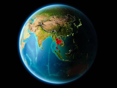 Tayland son derece detaylı yüzey dokuları görünür kenarlık çizgileri ve şehir ışıkları ile gece Dünya gezegeninin yörüngeden. 3D çizim. Nasa tarafından döşenmiş bu görüntü unsurları.