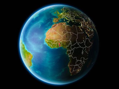 Togo görünür kenarlık çizgisi ve şehir ışıkları ile son derece detaylı yüzey dokuları ile gece Dünya gezegeninin yörüngeden. 3D çizim. Nasa tarafından döşenmiş bu görüntü unsurları.