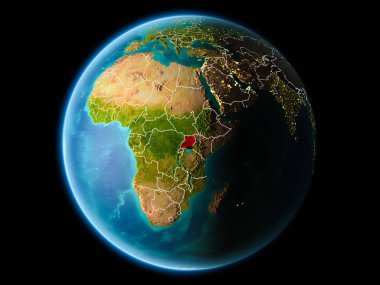 Uganda görünür kenarlık çizgisi ve şehir ışıkları ile son derece detaylı yüzey dokuları ile gece Dünya gezegeninin yörüngeden. 3D çizim. Nasa tarafından döşenmiş bu görüntü unsurları.