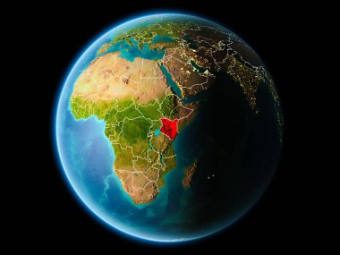 Son derece detaylı yüzey dokuları görünür kenarlık çizgileri ve şehir ışıkları ile gece Dünya gezegeninin yörüngeden Kenya. 3D çizim. Nasa tarafından döşenmiş bu görüntü unsurları.