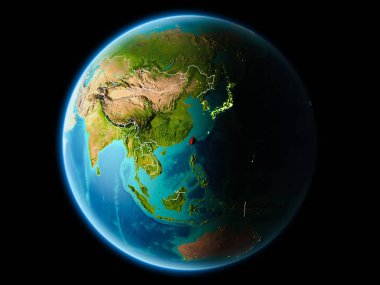 Tayvan ile son derece detaylı yüzey dokuları görünür kenarlık çizgisi ve şehir ışıkları ile gece Dünya gezegeninin yörüngeden. 3D çizim. Nasa tarafından döşenmiş bu görüntü unsurları.