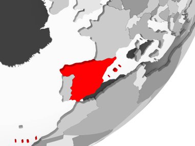 Şeffaf okyanuslar ile gri küre kırmızı vurgulanır İspanya Illustration. 3D çizim.