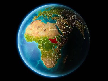 Güney Sudan çok detaylı yüzey dokuları görünür kenarlık çizgileri ve şehir ışıkları ile gece Dünya gezegeninin yörüngeden. 3D çizim. Nasa tarafından döşenmiş bu görüntü unsurları.